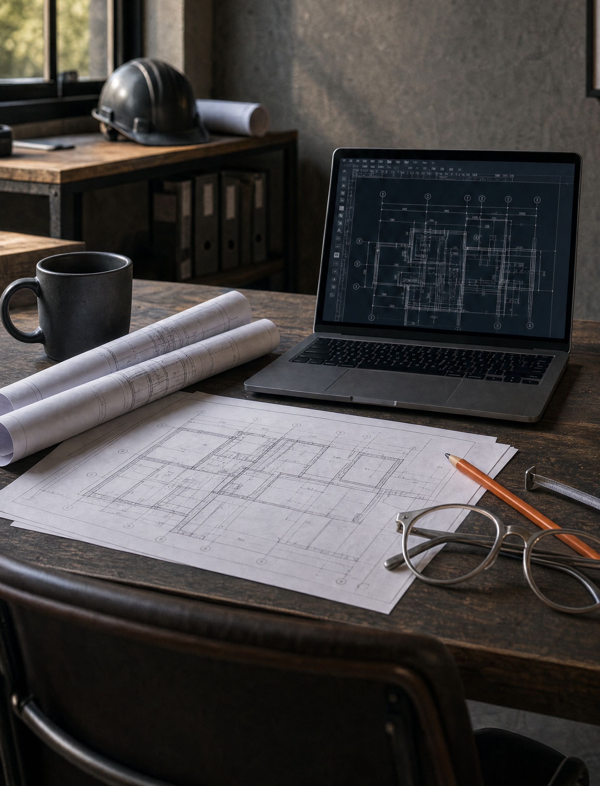 Werkpost met as-built plannen en technische modellering