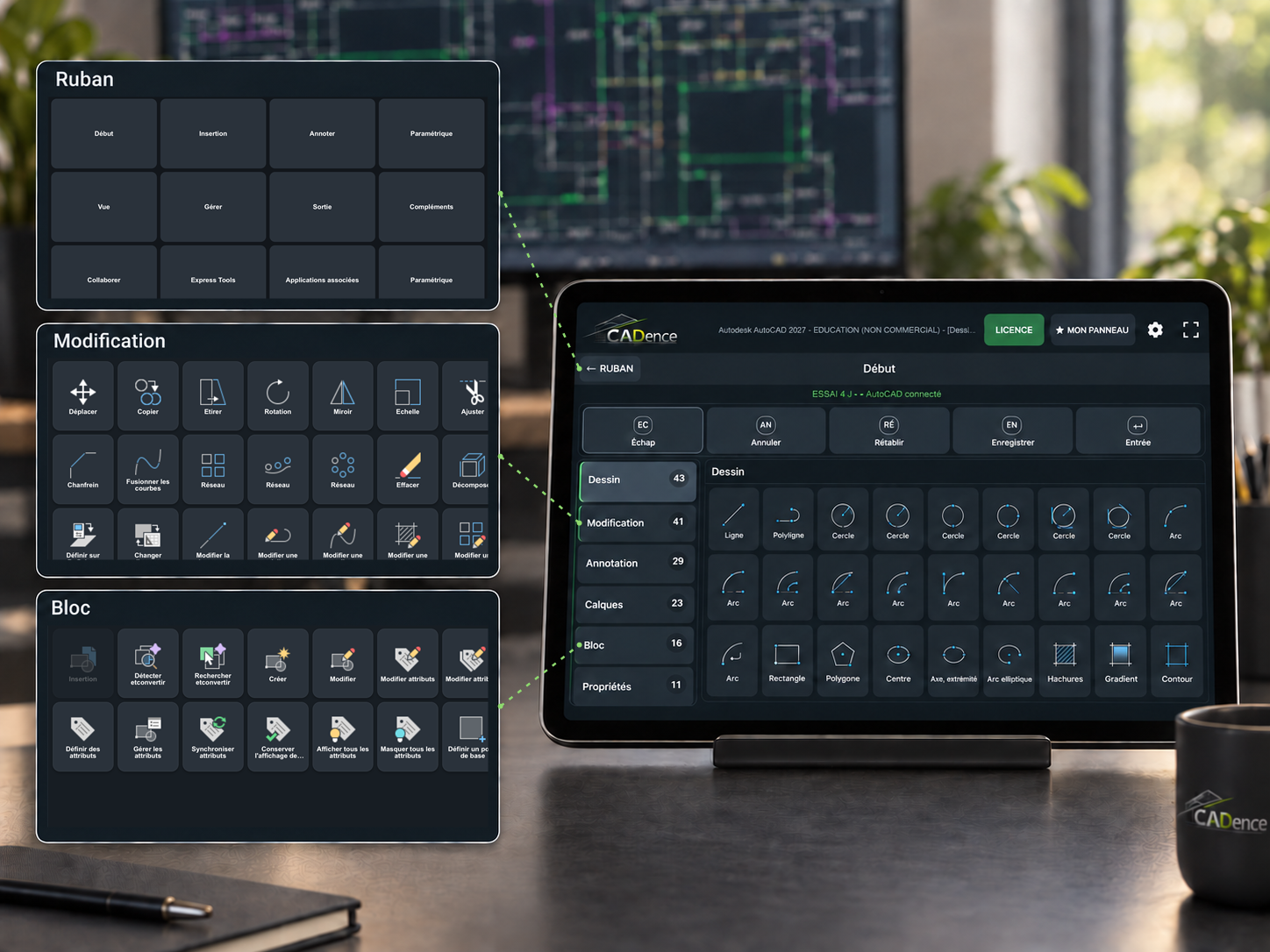 Interface CADence Control : ruban, commandes de modification et blocs