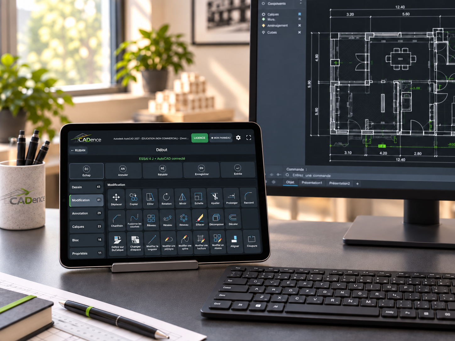CADence Control sur une tablette à gauche du clavier, à côté du poste AutoCAD