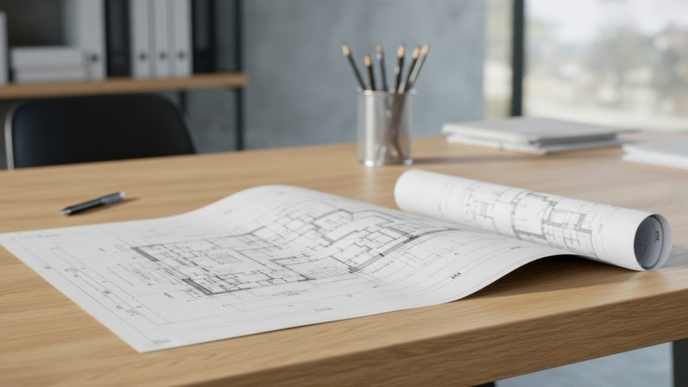 Plan technique sur table de travail pour la phase esquisse